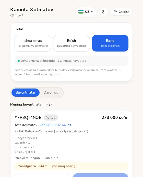 Kuryer telefonida: uchta buyurtma, manzil va olinadigan pul