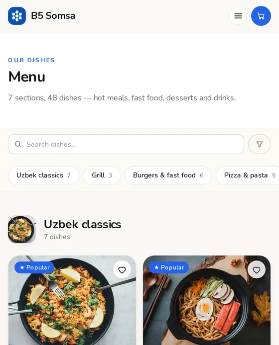 The menu on a phone: sections, dish photographs and the basket