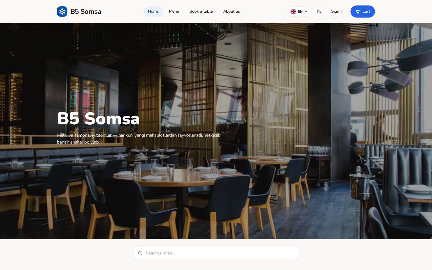 The restaurant's site: menu sections, dish photographs and prices